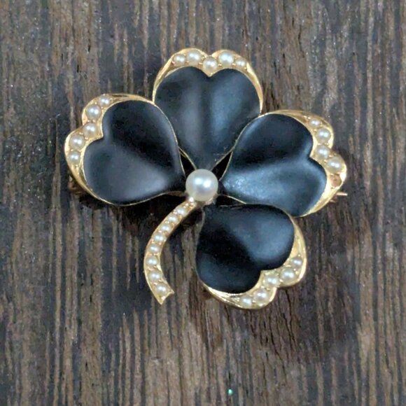 Crane & Theurer 1900 Art Nouveau Enamel Clover Pendant  brooch 14Kt Gold Pearl - Picture 3 of 6